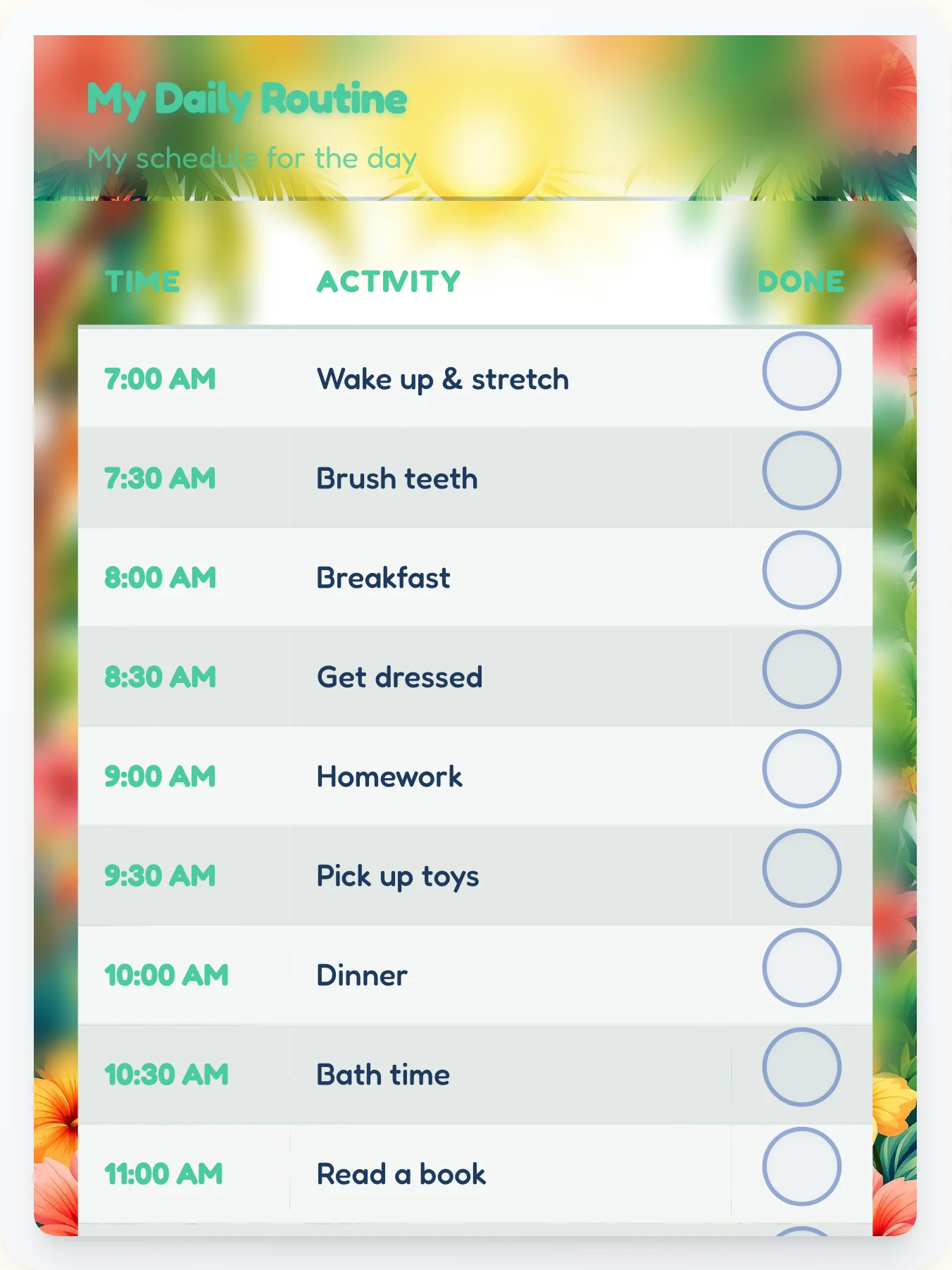 Dainty Beach Routine Board - printable beach chore chart