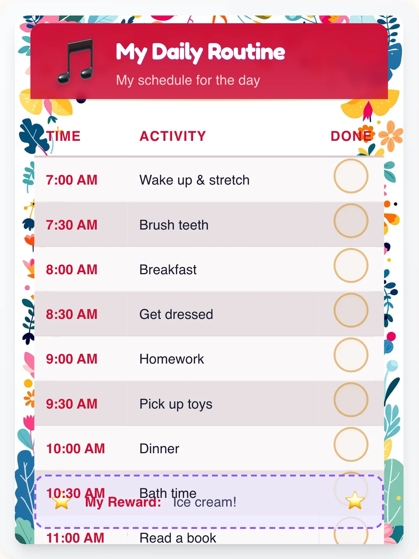 Frosty Music Schedule Chart - printable music chore chart