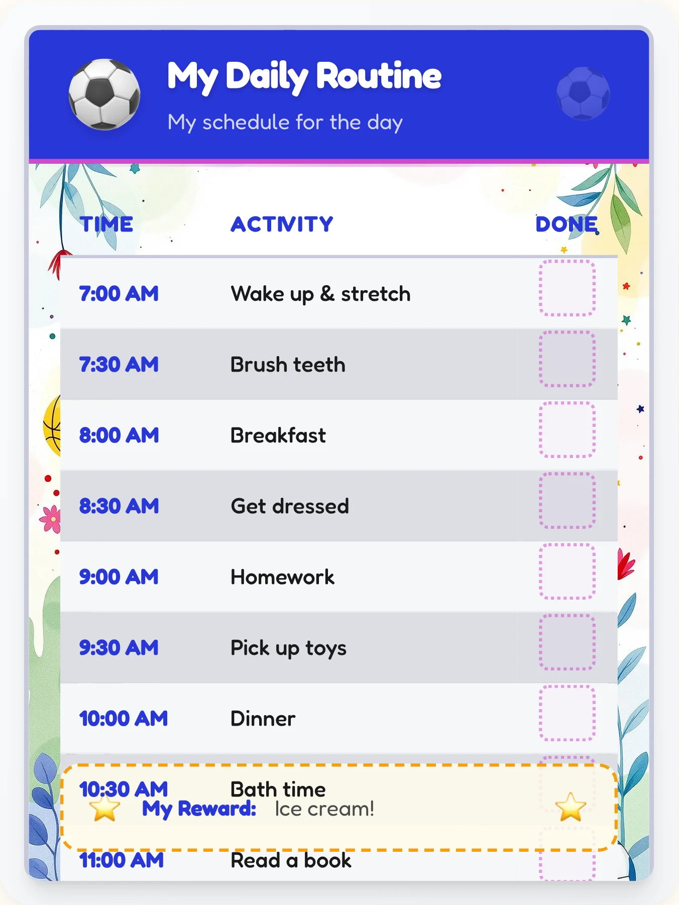 Natural Sports Time Planner - printable sports chore chart